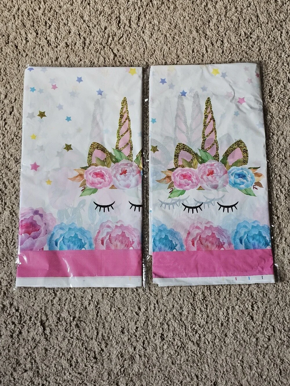 New! Set of 2 Unicorn Table Cloths & 2 Unicorn Temp Tattoos - Party Birthday Etc